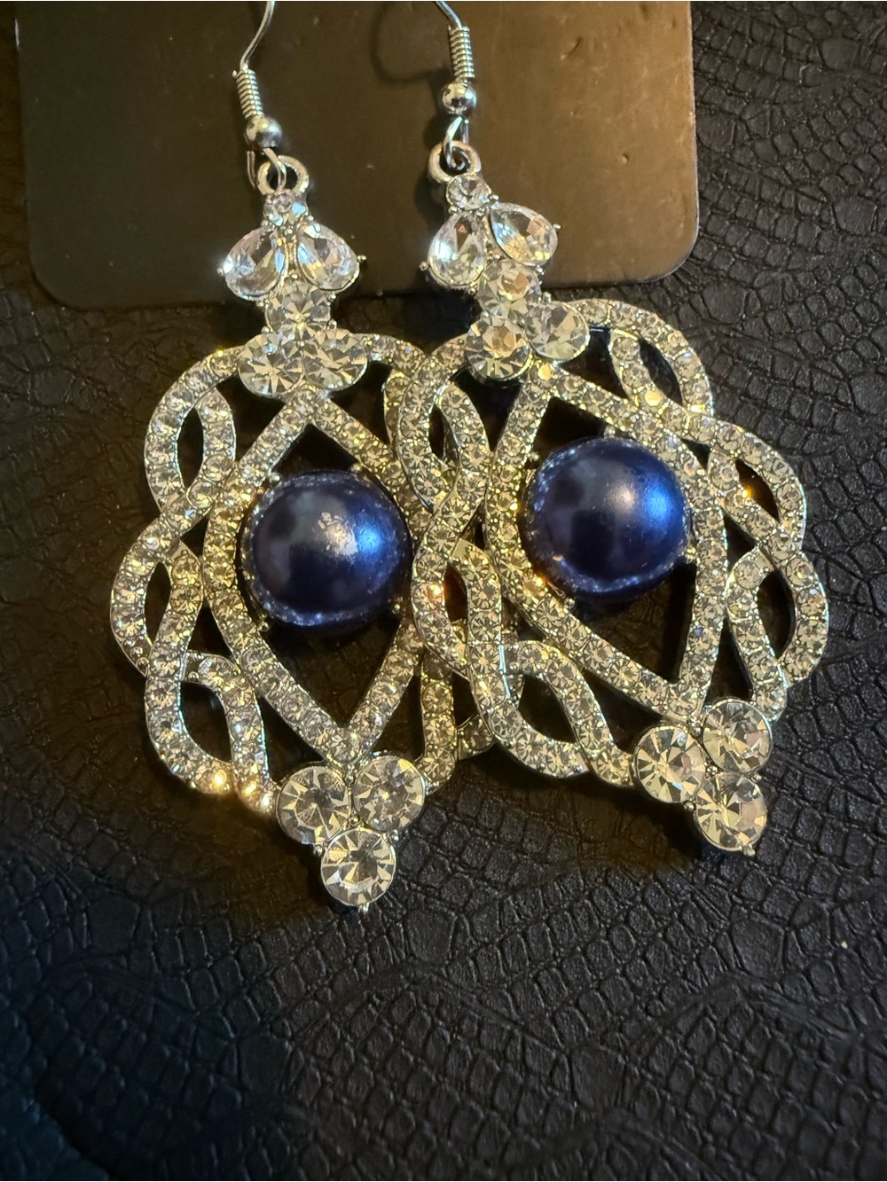 Crystal Filigree Drop Earrings with Blue Pearl Accent 2
